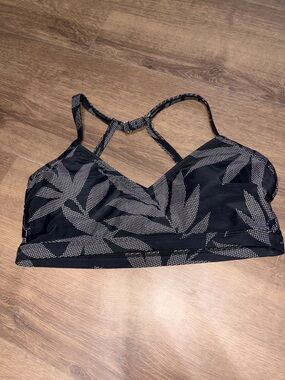 Leaf-Print Strappy Black Swim Bikini Top